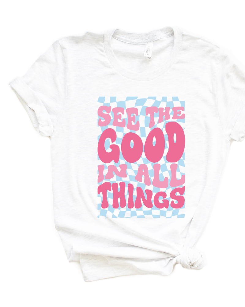 Front of a size L See The Good Checkered Short Sleeve Graphic Tee in Hue by Simply Sage Market. | dia_product_style_image_id:309983